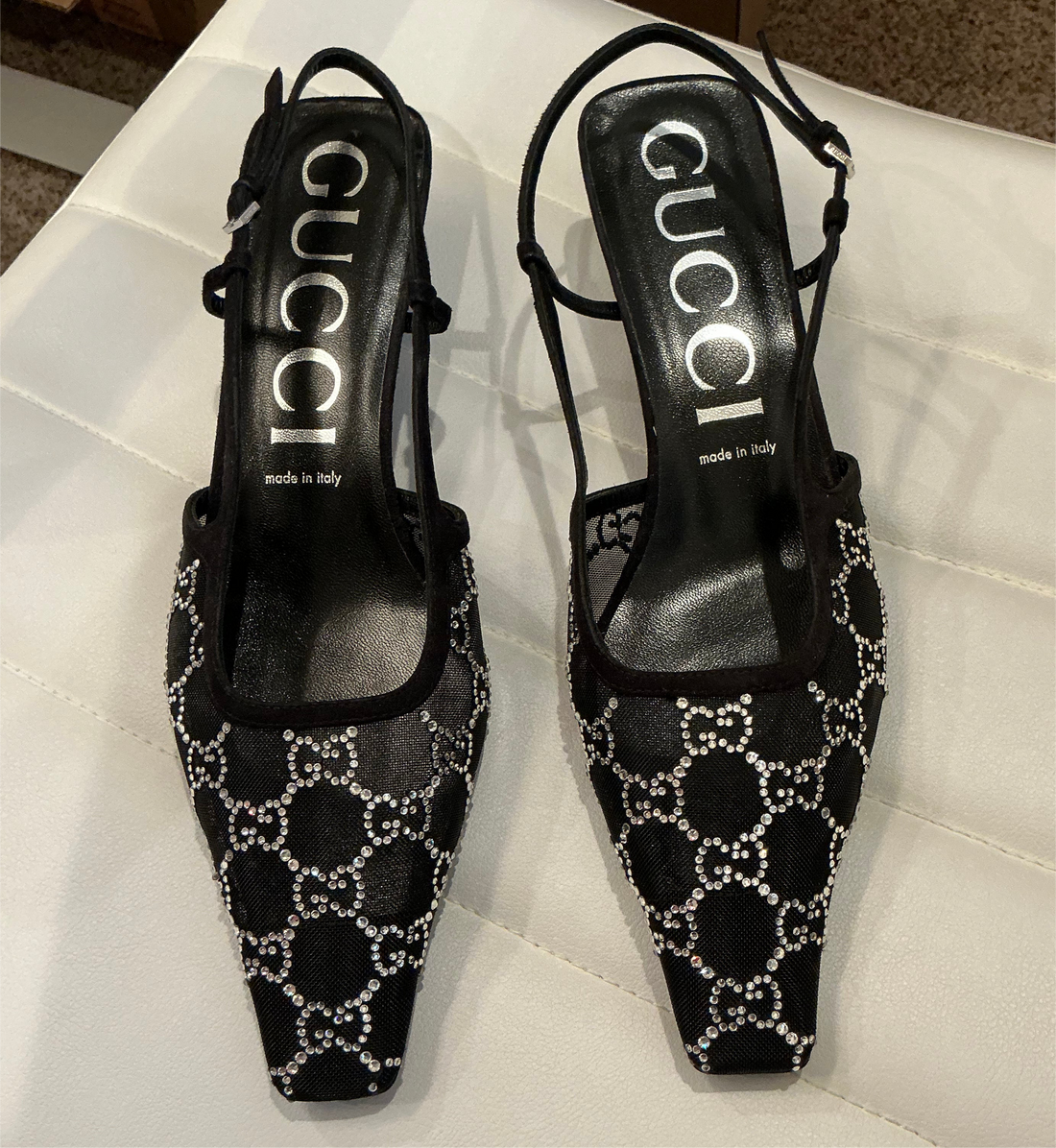 Gucci black mesh & crystal cc kitten heel