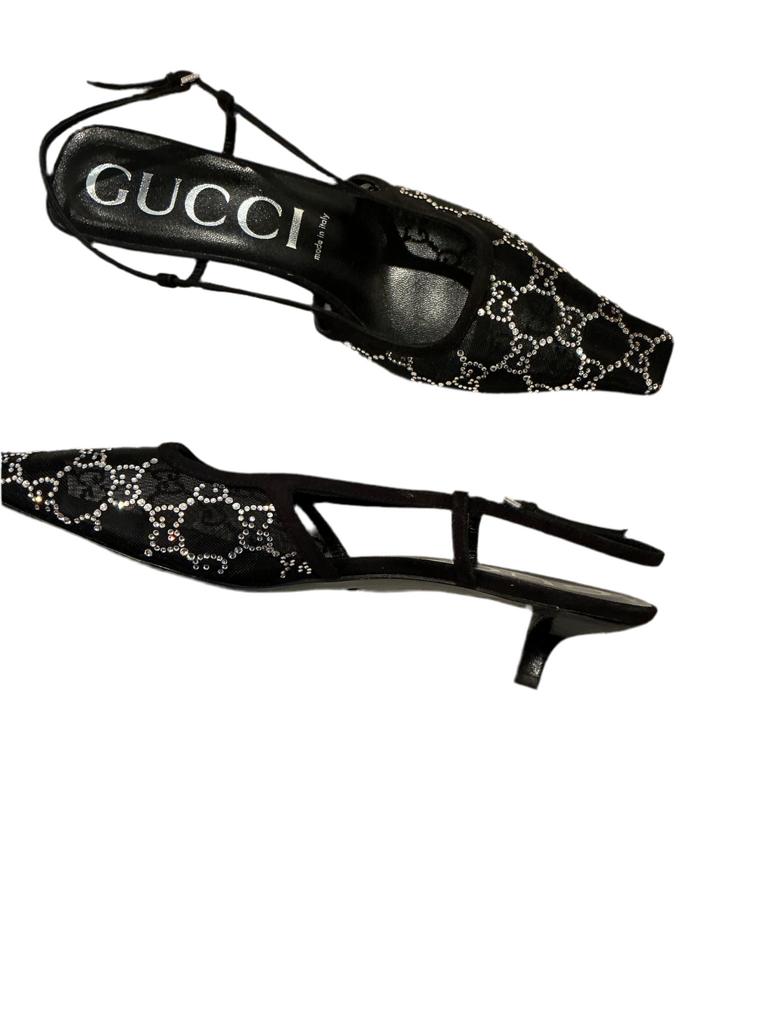 Gucci black mesh & crystal cc kitten heel