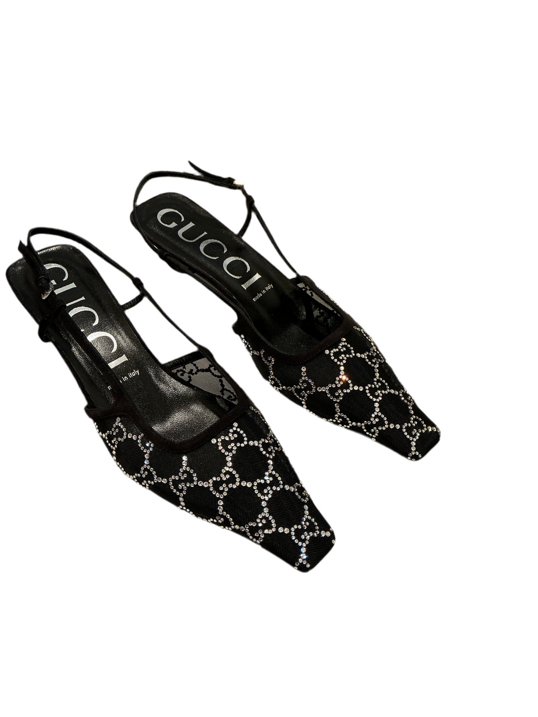 Gucci black mesh & crystal cc kitten heel