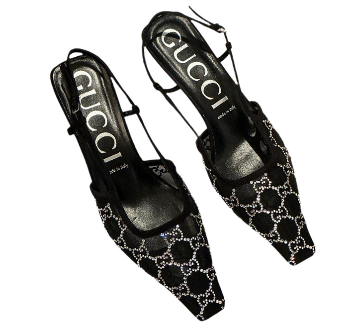 Gucci black mesh & crystal cc kitten heel
