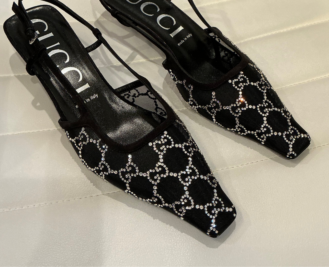 Gucci black mesh & crystal cc kitten heel