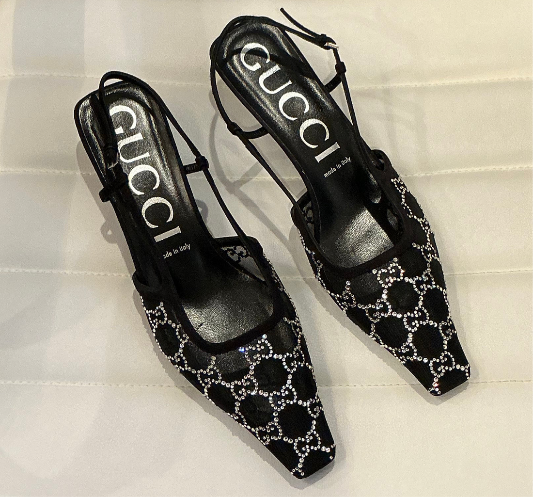 Gucci black mesh & crystal cc kitten heel