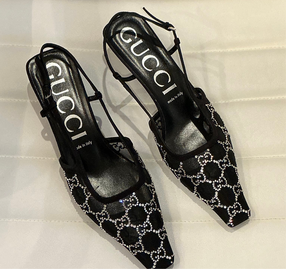 Gucci black mesh & crystal cc kitten heel