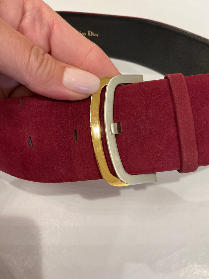 Dior vintage burgundy suede belt with gold/silver buckle