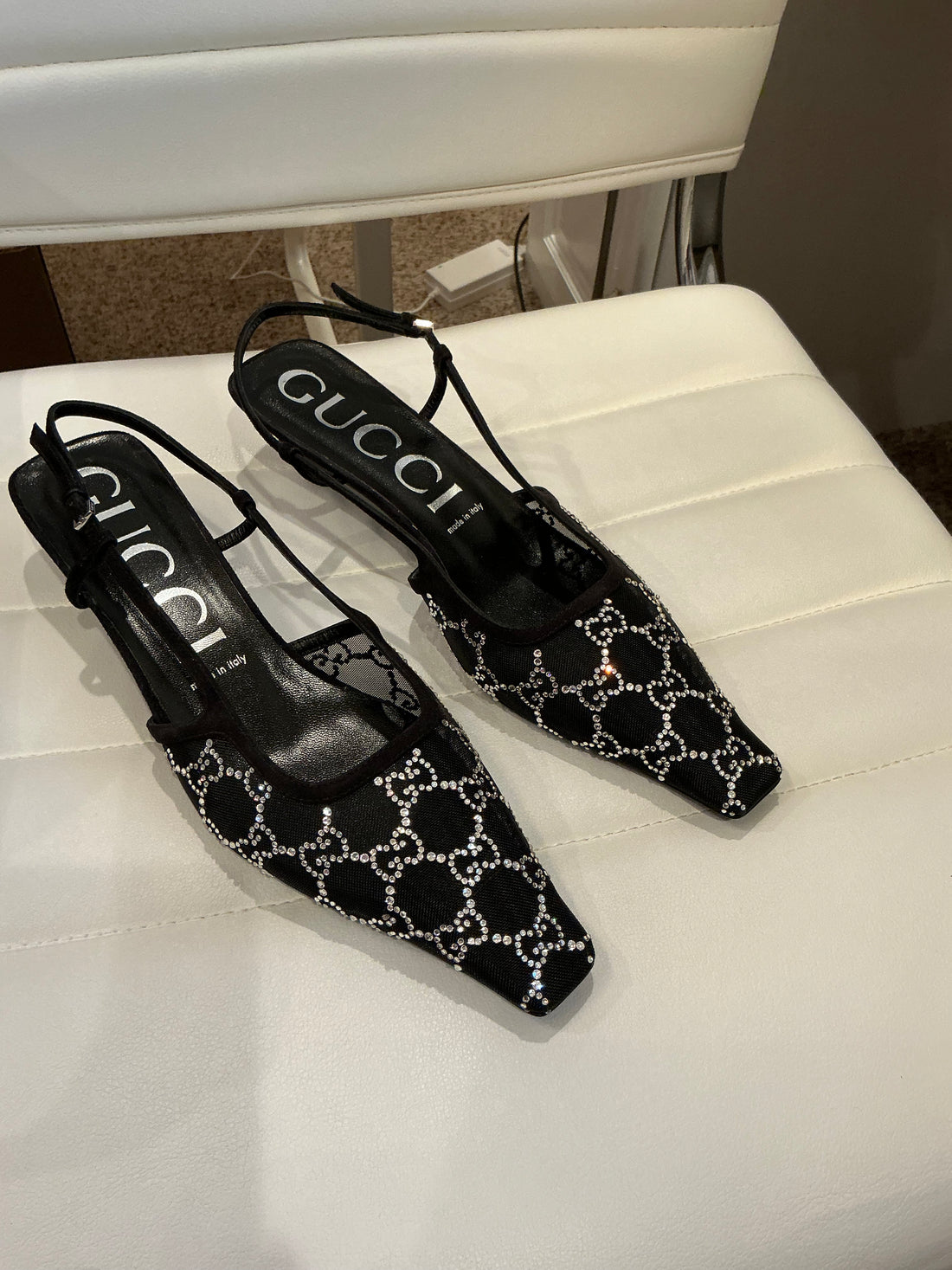 Gucci black mesh & crystal cc kitten heel