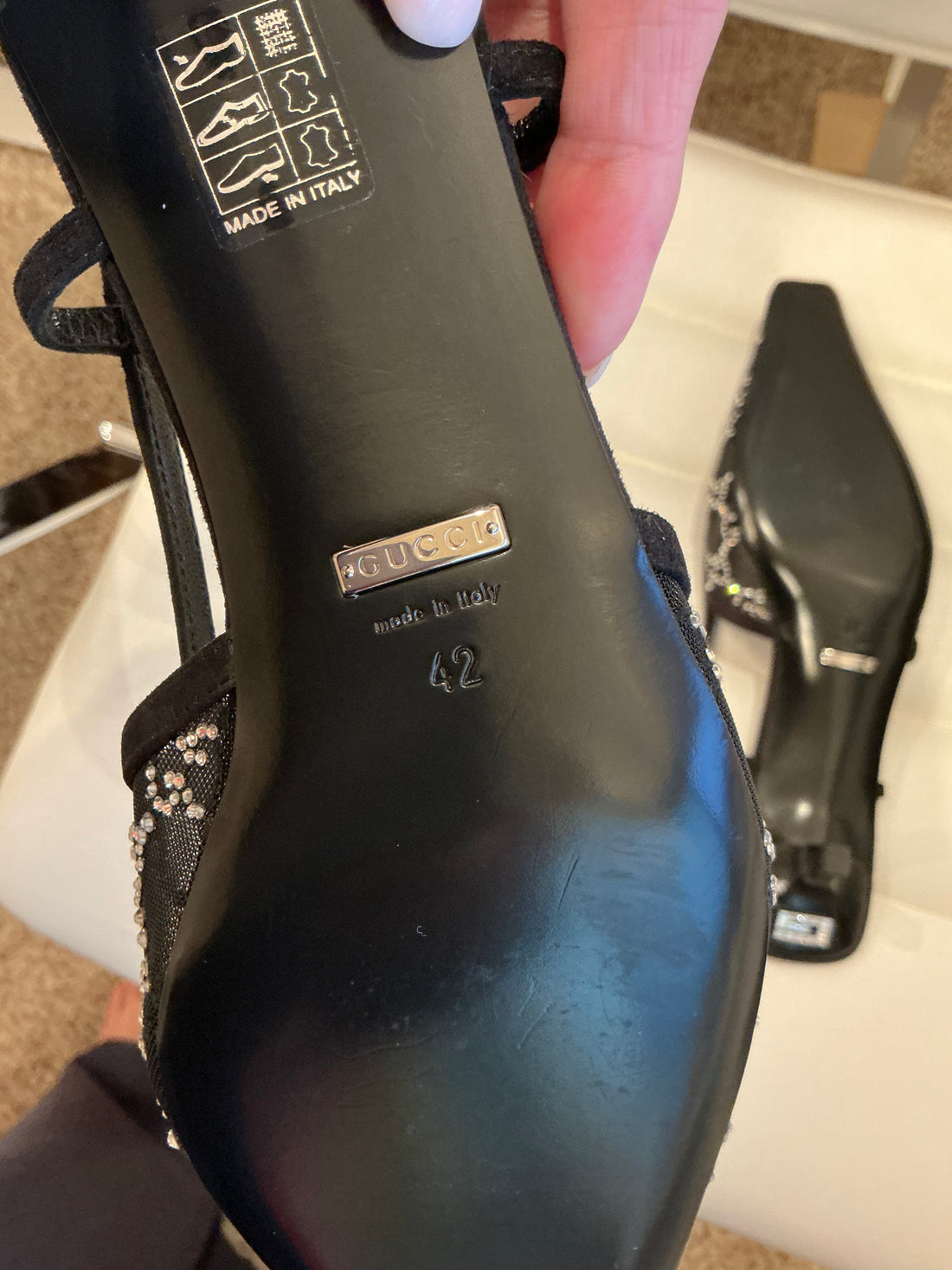 Gucci black mesh & crystal cc kitten heel